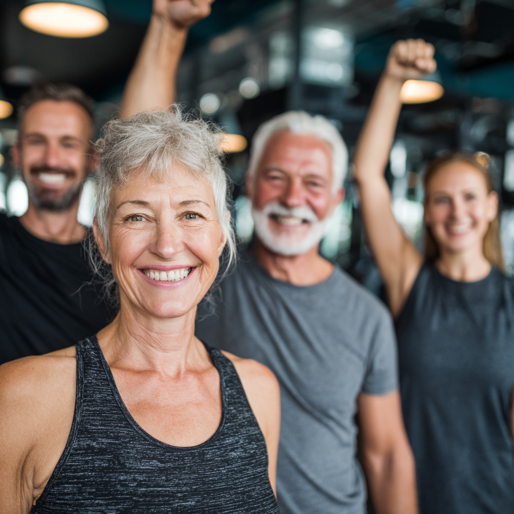 Group of mature adults celebrating fitness achievements at modern gym facility