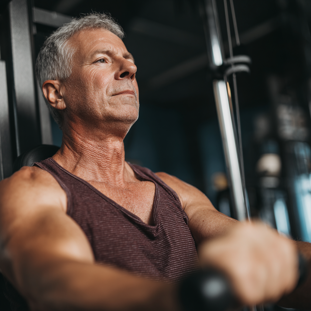 Middle-aged person doing strength training with professional equipment at fitness center