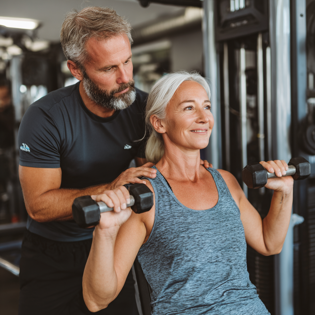 Professional trainer assisting mature adult during comfortable workout session